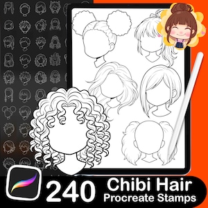 Puede incluir: Una tableta digital que muestra una colección de ilustraciones de arte lineal en blanco y negro con varios peinados de estilo chibi. Un lápiz óptico blanco descansa en el lateral de la pantalla y el texto 240 Chibi Hair Procreate Stamps es visible.
