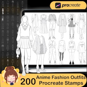 May include: Digital illustration of 200 anime fashion outfits as Procreate stamps. The image shows a tablet displaying outfit sketches, with a cartoon character and text reading "Anime Fashion Outfits" and "Procreate Stamps".