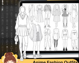 Anime Koreansk Mode Outfit Procreate Stämplar | K-Fashion Line Art Penslar (Digital Nedladdning)