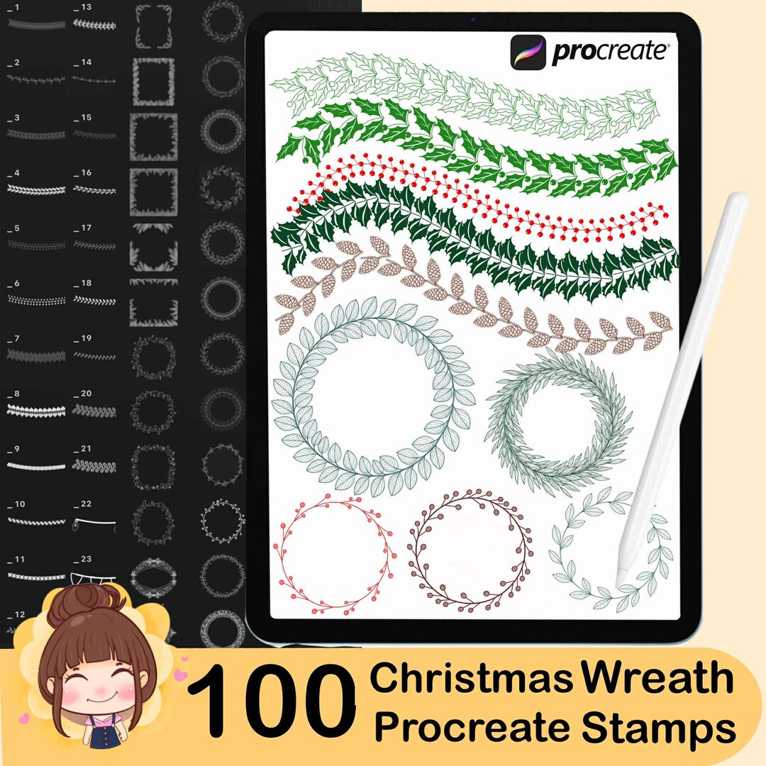100 Wreath Line Procreate Brushes, Christmas Stamps (digital Download ...