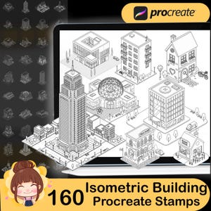 May include: Digital illustration of 160 isometric building Procreate stamps. The image displays various building designs, including skyscrapers, houses, and commercial buildings, in a black and white line art style. The Procreate logo is visible in the top right corner.