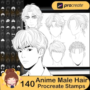 May include: Black and white line art of anime male hair styles. The image includes several different hairstyles, with a Procreate logo in the top right corner. The text "140 Anime Male Hair Procreate Stamps" is displayed at the bottom.