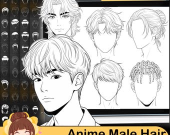 Pode incluir: Ilustração a preto e branco de penteados masculinos de anime. A imagem apresenta vários estilos de cabelo, um logótipo Procreate e o texto "140 Anime Male Hair Procreate Stamps" na parte inferior.