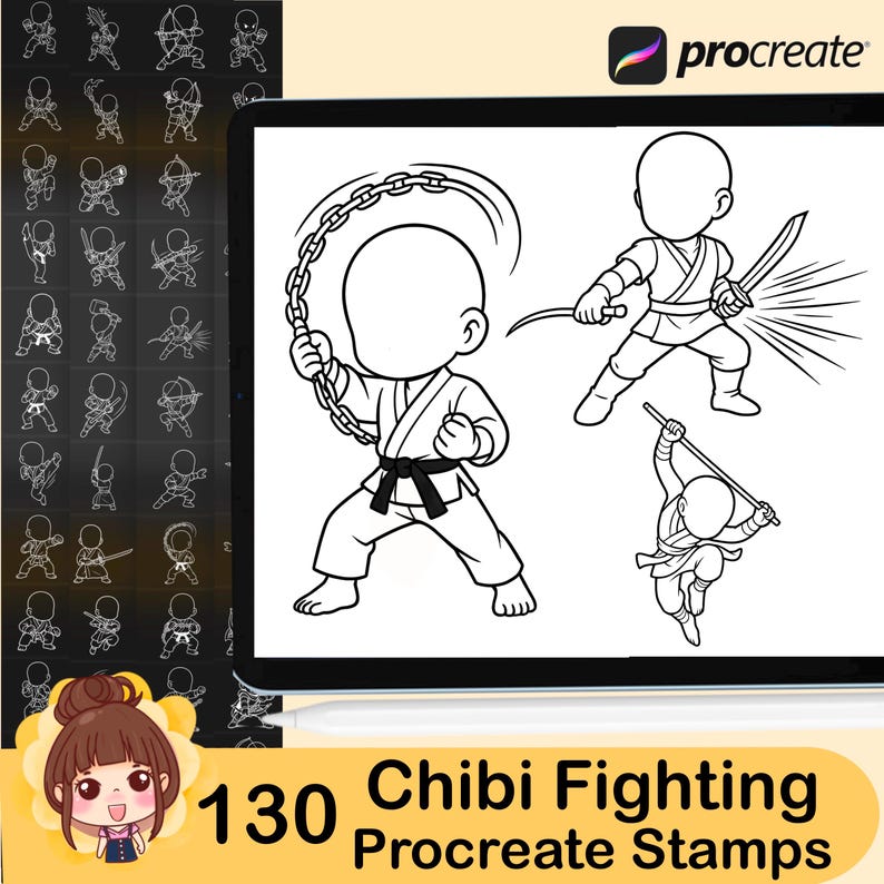 Procreate Chibi Fighting Stamp Brush Set: 130 Lineart Body Poses (PDF ...