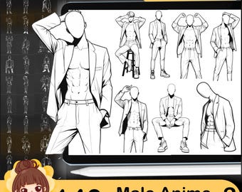 Procreate Male Anime Poses: 140 Base Sketches Brush Stamps (Set3)
