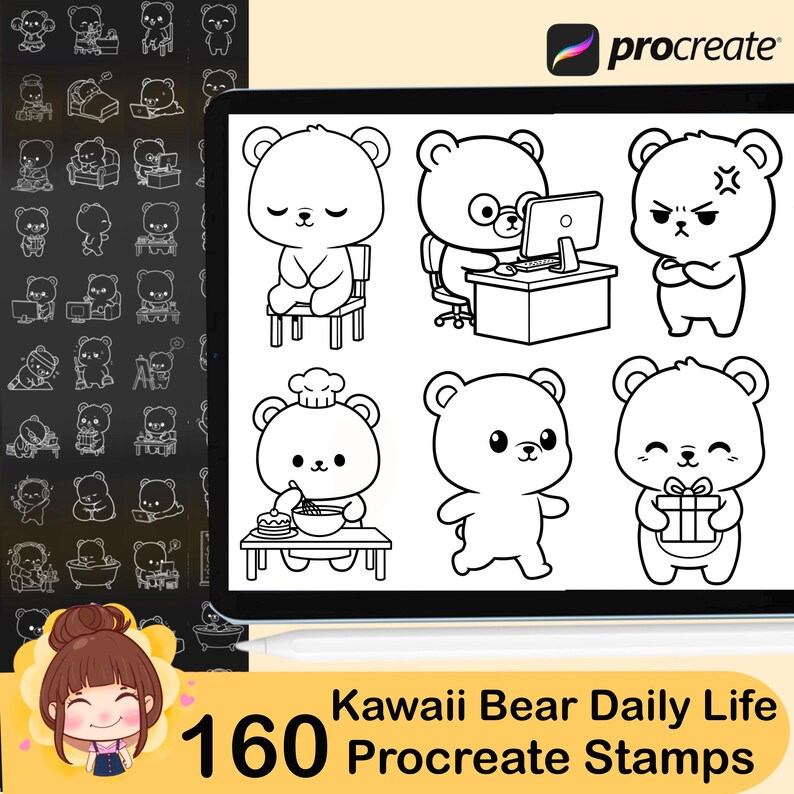 160 Kawaii Bear Daily Life Procreate Stamp Brushes | Cute Bear Planner ...