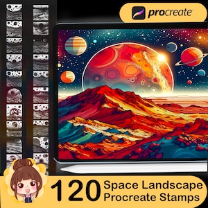 May include: 120 Procreate stamps featuring a space landscape with a large red planet, a smaller blue planet, and a mountain range in the foreground. The text "Space Landscape Procreate Stamps" is displayed in white on a black background.