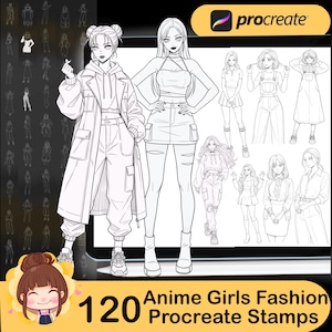 以下が含まれることがあります： 120個のAnime Girls Fashion Procreateスタンプのデジタルイラスト。画像には、さまざまな衣装を着たアニメスタイルの女性の姿がいくつか表示され、右上にProcreateのロゴがあります。デザインは主に白黒です。