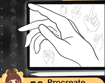 Puede incluir: Una ilustración digital de 50 sellos de mano para usar en la aplicación Procreate. La imagen muestra una variedad de poses de mano, incluyendo manos abiertas, puños cerrados y dedos apuntando.