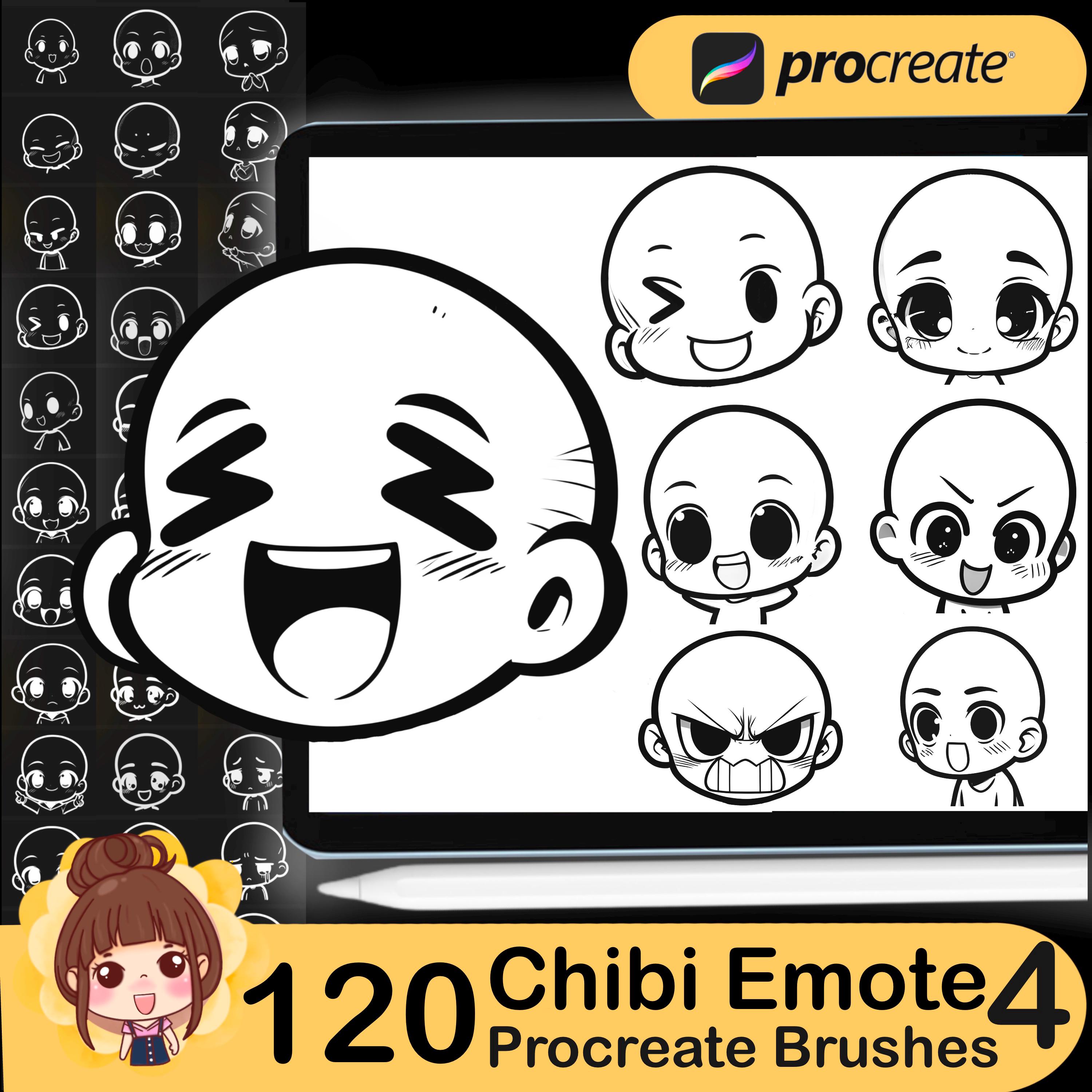 120 pinceles Procreate Chibi Emote Set 4 — Pack de sellos de caras kawaii anime para emociones y expresiones