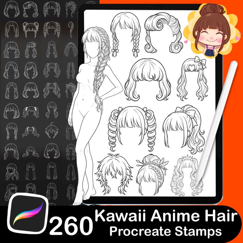 Pode incluir: Ilustra&ccedil;&atilde;o digital de v&aacute;rios penteados de anime, incluindo tran&ccedil;as e rabos de cavalo. A imagem apresenta uma figura feminina com uma tran&ccedil;a longa, uma caneta stylus e o texto "Kawaii Anime Hair Procreate Stamps".
