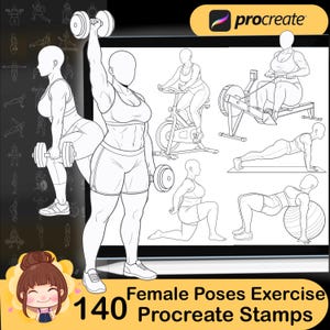 May include: Monochrome line drawings of female figures demonstrating exercise poses, such as weightlifting, cycling, and rowing. The image features the text "Female Poses Exercise Procreate Stamps" and the number "140". The Procreate logo is also present.