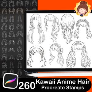 Pode incluir: Uma ilustra&ccedil;&atilde;o digital em um tablet mostra v&aacute;rios estilos de cabelo de anime em preto e branco. A imagem inclui o texto "260 Kawaii Anime Hair Procreate Stamps". O logotipo do aplicativo Procreate &eacute; vis&iacute;vel no canto inferior esquerdo.