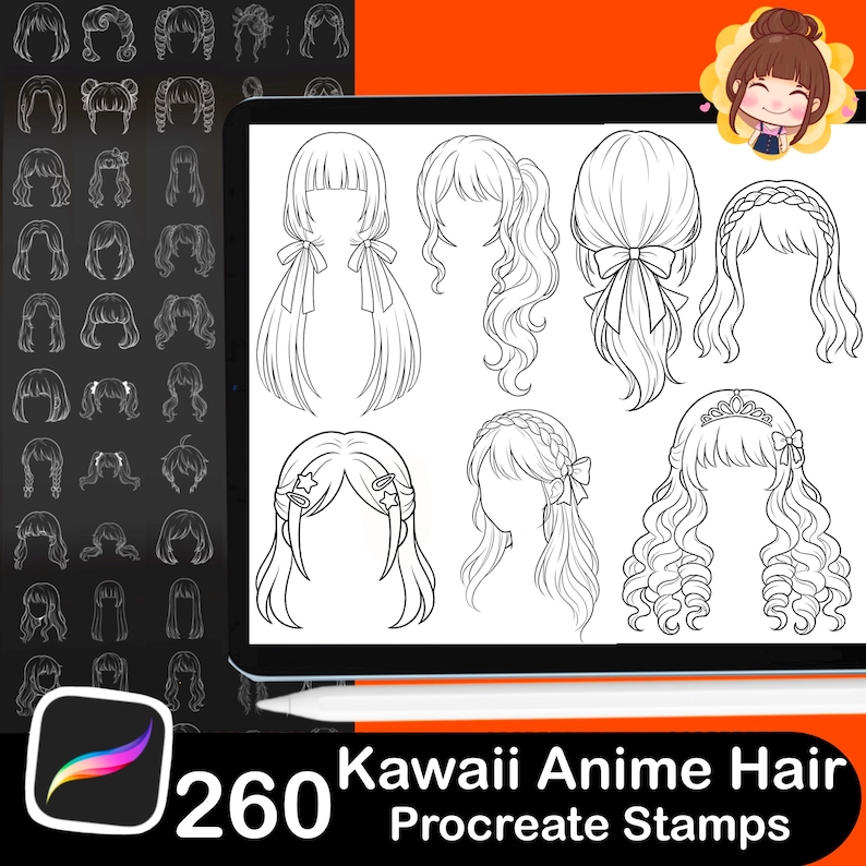 Pode incluir: Uma ilustra&ccedil;&atilde;o digital em um tablet mostra v&aacute;rios estilos de cabelo de anime em preto e branco. A imagem inclui o texto "260 Kawaii Anime Hair Procreate Stamps". O logotipo do aplicativo Procreate &eacute; vis&iacute;vel no canto inferior esquerdo.