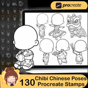 Può includere: Illustrazione digitale di vari personaggi chibi in pose cinesi. L'immagine include un tablet con il logo Procreate e il testo "Chibi Chinese Poses 130 Procreate Stamps."