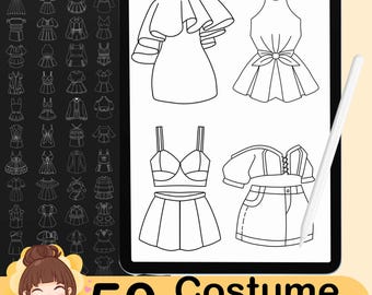 50 Chibi Clothes Procreate-stämplar: Kostympenslar (PDF)