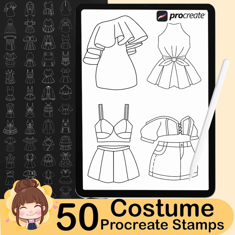 50 Chibi Clothes Procreate Stamps: Costume Brushes (PDF) - Etsy