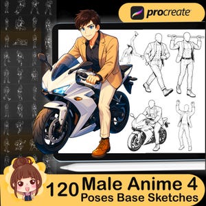 120 Procreate Male Anime Poses 4 Base Sketches Kawaii Character Stamps Brush Guide Cute Male Action Posture Body Anime Set4