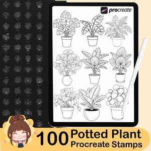 Może przedstawiać: Cyfrowa ilustracja 100 stempli Procreate z roślinami doniczkowymi. Obraz przedstawia tablet z różnymi rysunkami linii roślin w doniczkach, wraz z rysikiem. Tekst "100 Potted Plant Procreate Stamps" jest wyświetlany na dole.