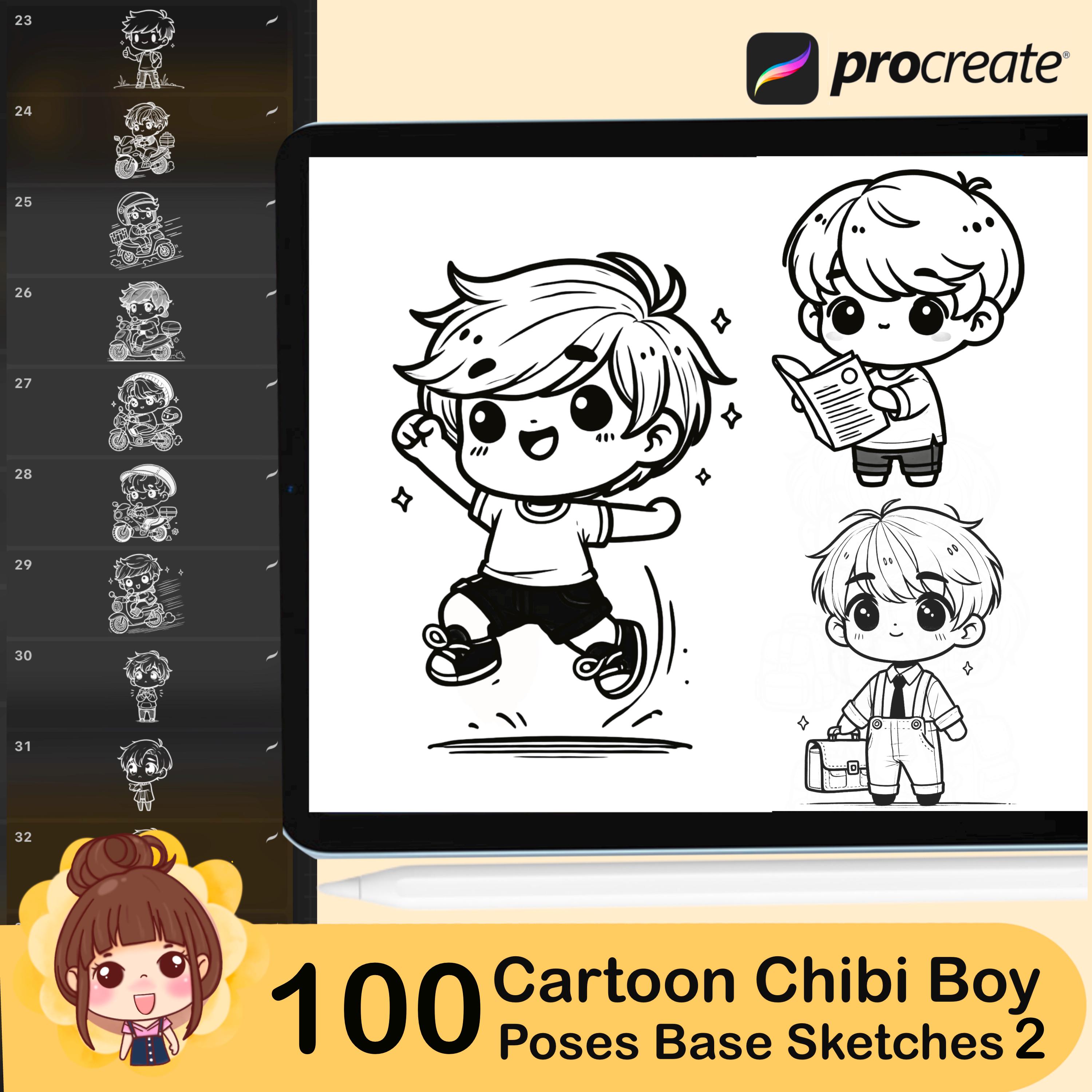 100 Procreate Chibi Boy Poses: Cartoon Character Stamps (brush Guide ...