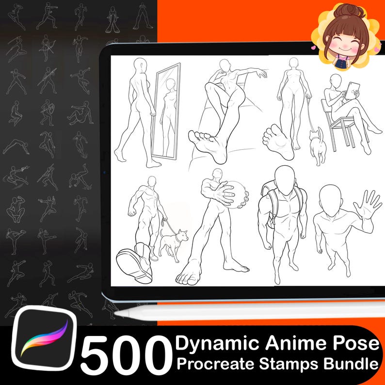 Pu&ograve; includere: Un pacchetto di arte digitale visualizzato su un tablet, con 500 timbri Procreate di pose anime dinamiche. L'immagine mostra varie pose di figure umane in arte lineare in bianco e nero, con un'icona dell'app Procreate e una penna.
