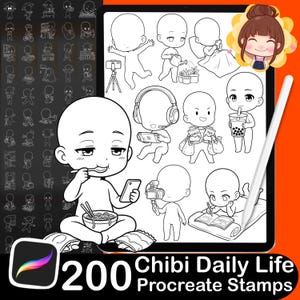 May include: A digital art set featuring 200 Chibi Daily Life Procreate Stamps. The image shows various line art illustrations of chibi characters engaged in everyday activities, such as eating, using a phone, and relaxing. The set is designed for digital artists.