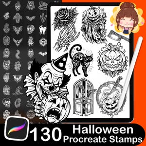 May include: A digital tablet displaying a collection of 130 black and white Halloween-themed Procreate stamps, featuring illustrations of a clown, pumpkins, a cat, a skeleton hand, a rose, a cleaver, and a doorway, with a white stylus.