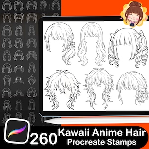 Pode incluir: Uma ilustra&ccedil;&atilde;o digital de v&aacute;rios penteados de anime. A imagem mostra um tablet exibindo v&aacute;rios designs de cabelo, com uma sele&ccedil;&atilde;o de penteados adicionais &agrave; esquerda. O texto diz "Kawaii Anime Hair Procreate Stamps" e "260".