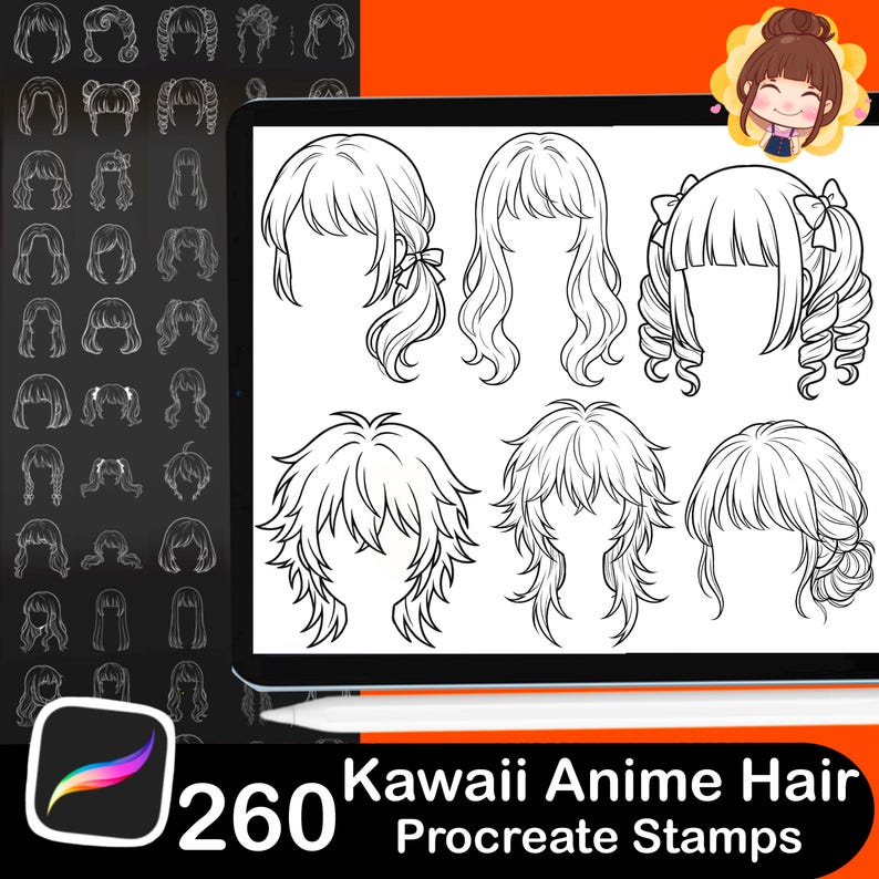 Pode incluir: Uma ilustra&ccedil;&atilde;o digital de v&aacute;rios penteados de anime. A imagem mostra um tablet exibindo v&aacute;rios designs de cabelo, com uma sele&ccedil;&atilde;o de penteados adicionais &agrave; esquerda. O texto diz "Kawaii Anime Hair Procreate Stamps" e "260".
