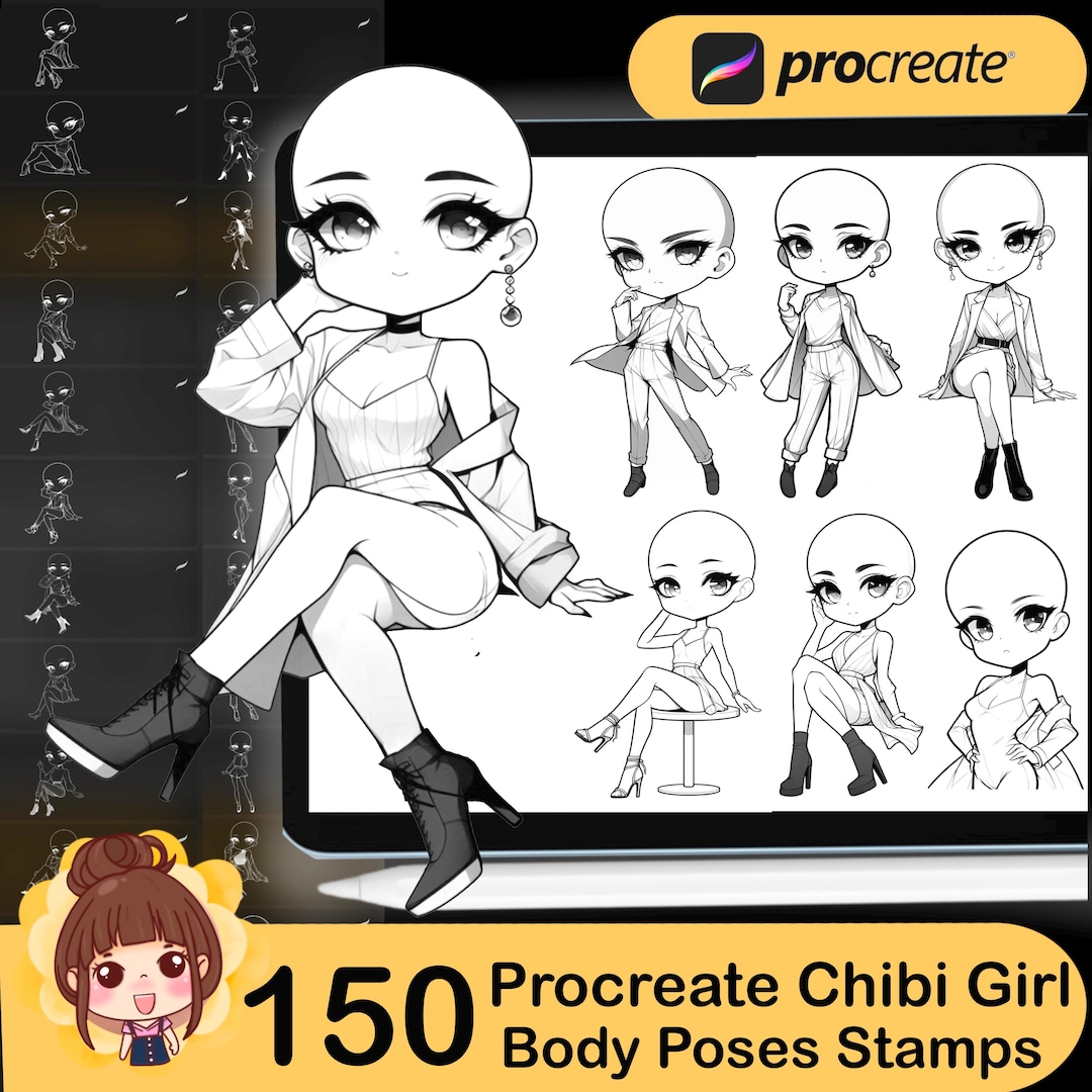 150 Procreate Chibi Girl Poses Stamp Brushes (digital Download) - Etsy