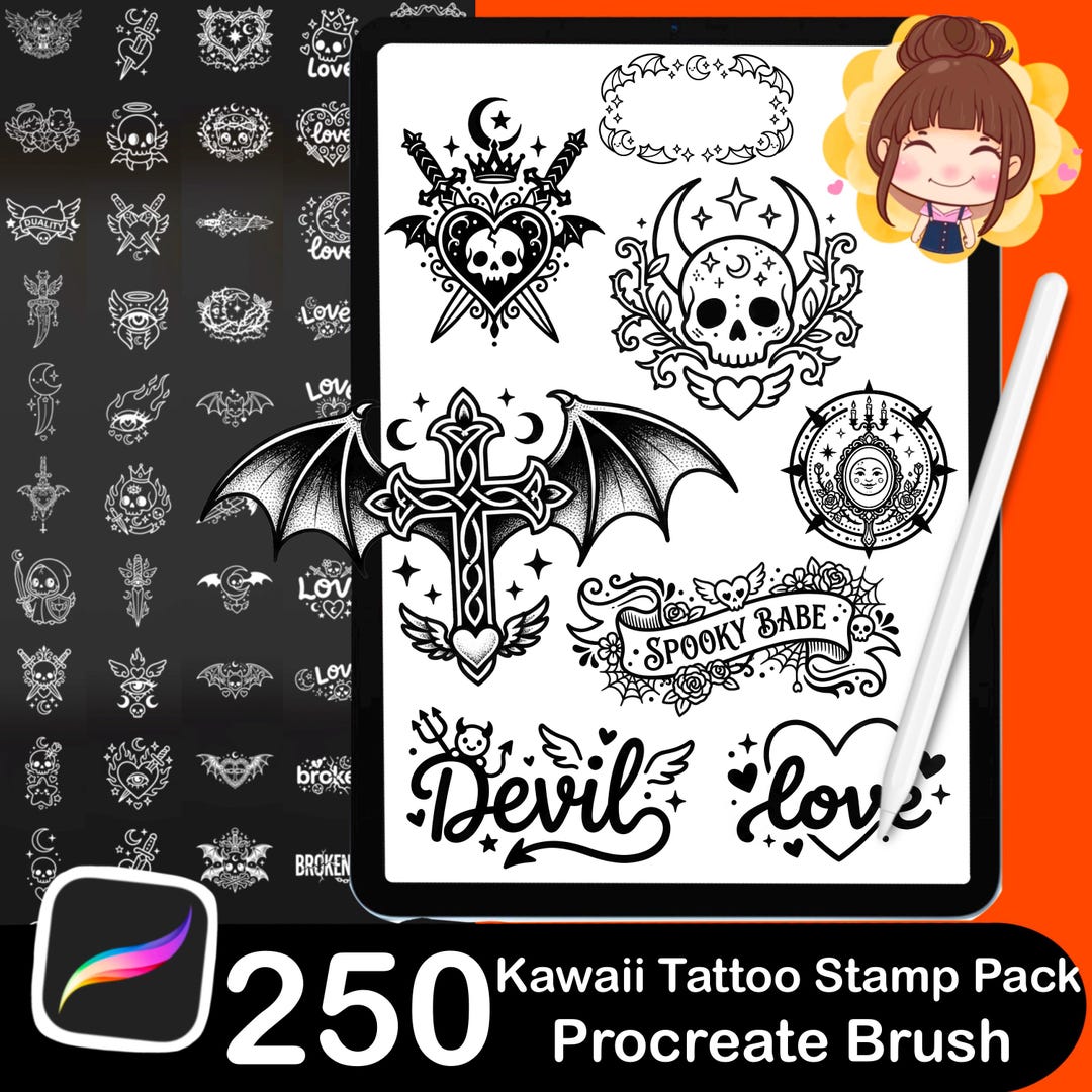250 Kawaii Tattoo Stamps for Procreate | Gothic Flash Tattoo Pack ...