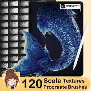 Puede incluir: Ilustración de arte digital con una cola de sirena azul y una tableta con un lápiz óptico. La tableta muestra una cola de sirena con texturas de escamas. Incluye el texto "120 Scale Textures Procreate Brushes".