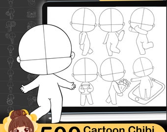 Oltre 500 timbri Chibi in stile cartone animato per Procreate: pennelli per corpo, occhi e capelli.
