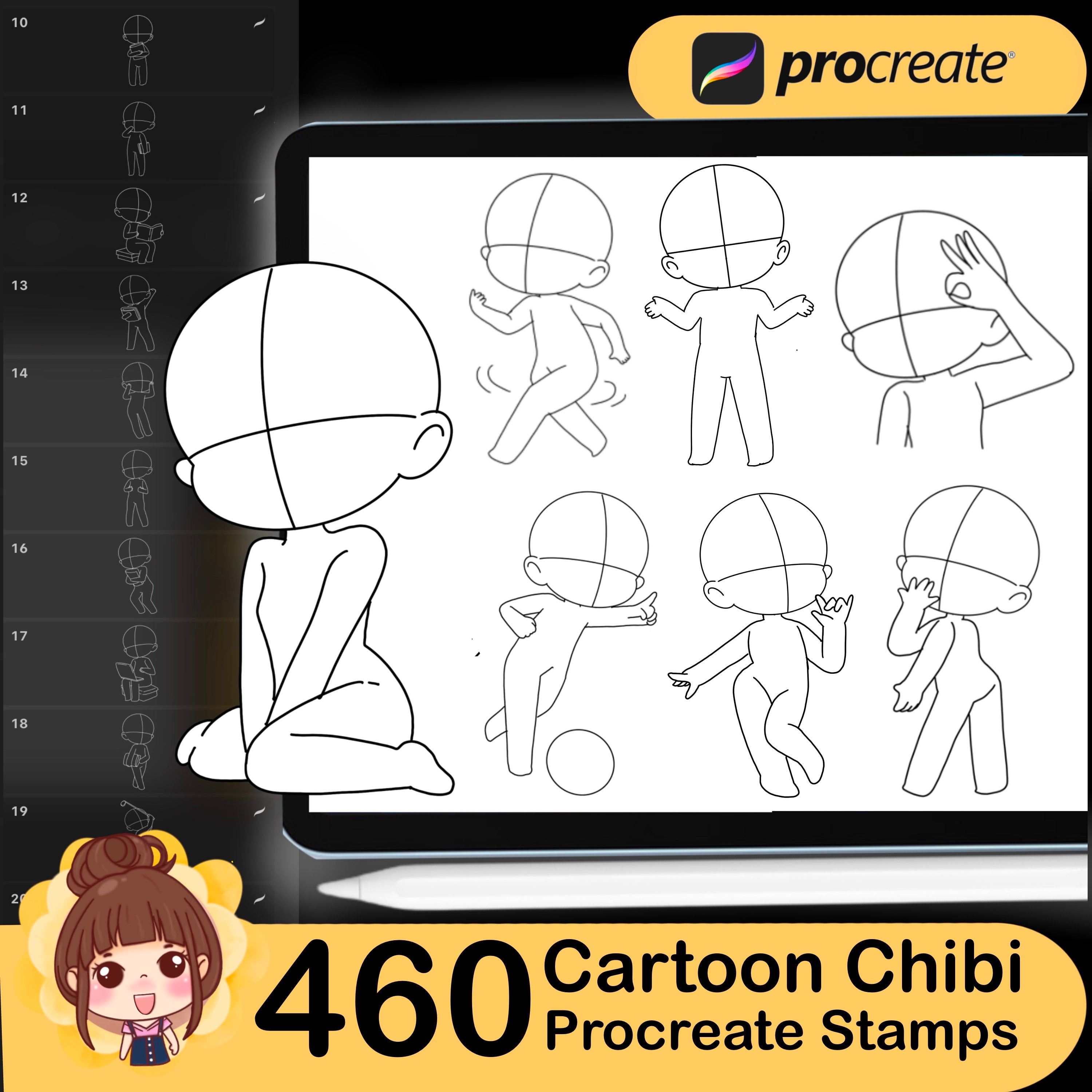 460 sellos Chibi para Procreate: cuerpos, ojos, labios y cejas – set de pinceles para iPad