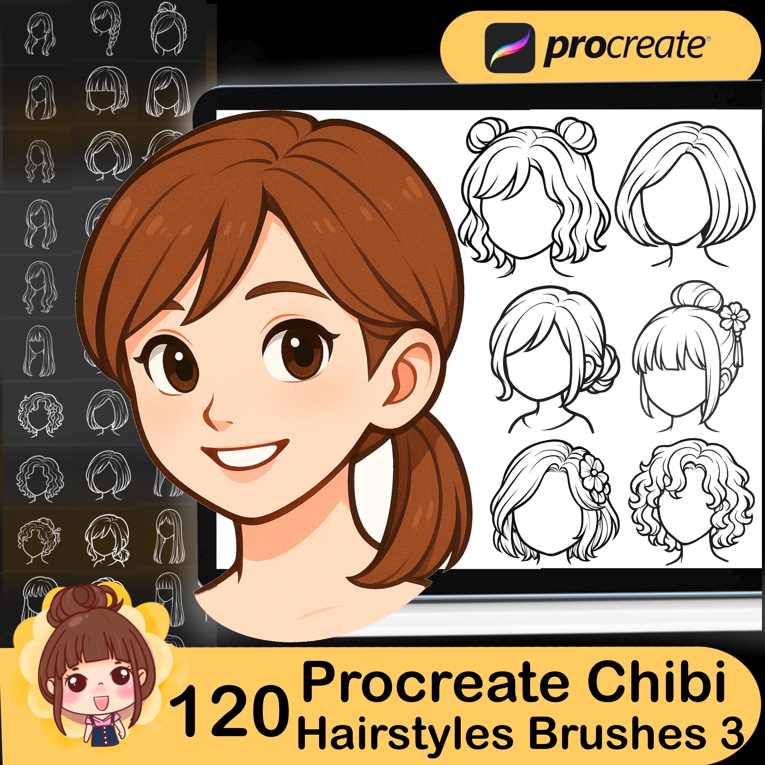 120 Pinceles y Sellos de Peinados Chibi para Procreate Set 3 – Sellos de Cabello Chibi Lindos