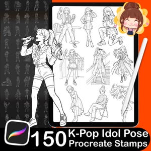 May include: Digital art product featuring 150 K-Pop idol pose Procreate stamps. The image shows a tablet with various line art illustrations of female figures in different poses. A stylus and a Procreate app icon are also visible.