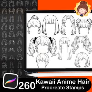 Pode incluir: Ilustra&ccedil;&atilde;o digital de v&aacute;rios penteados de anime, exibidos em um tablet com uma caneta. A imagem inclui uma variedade de penteados, incluindo coques, bobs e rabos de cavalo. O texto diz "260 Kawaii Anime Hair Procreate Stamps."