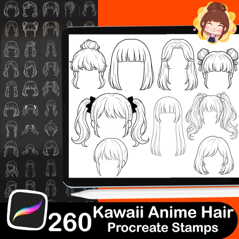 Pode incluir: Ilustra&ccedil;&atilde;o digital de v&aacute;rios penteados de anime, exibidos em um tablet com uma caneta. A imagem inclui uma variedade de penteados, incluindo coques, bobs e rabos de cavalo. O texto diz "260 Kawaii Anime Hair Procreate Stamps."