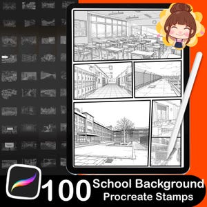 May include: A digital tablet displays a Procreate stamp set with 100 school background illustrations. The black and white drawings depict classrooms, hallways, and school exteriors. A white stylus rests on the screen, and the Procreate logo is visible.