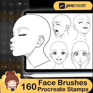 Könnte beinhalten: Digitale Gesichtspinsel für Procreate. Das Bild zeigt einen Tablet-Bildschirm mit verschiedenen Gesichtsskizzen und -ausdrücken. Der Text lautet "160 Face Brushes Procreate Stamps".