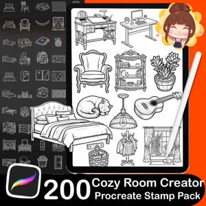 May include: A digital illustration of a Procreate stamp pack titled "Cozy Room Creator" with 200 stamps. The stamps include furniture, decor, and a sleeping cat. The image is displayed on a tablet with a stylus.