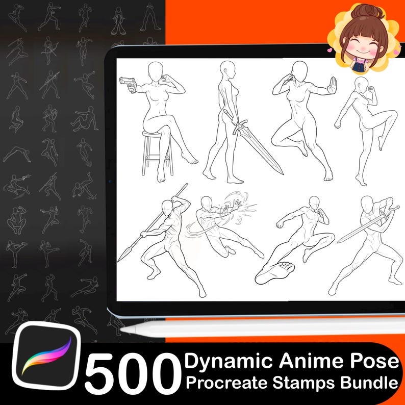 500 modelli dinamici di pose anime per Procreate / Azione, combattimento, riferimento manga (strumento di disegno per iPad) immagine 3