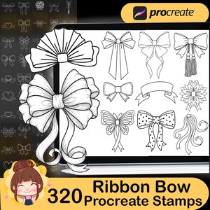 Puede incluir: Ilustraciones digitales en blanco y negro de varios lazos de cinta, incluyendo lazos de corbata y lazos decorativos. La imagen también incluye el texto "Ribbon Bow 320 Procreate Stamps".