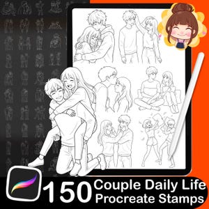 May include: A digital illustration of a tablet displaying 150 Procreate stamps depicting couple daily life scenes. The images are black and white line drawings of couples hugging, kissing, and interacting. A white stylus is next to the tablet.