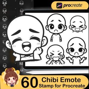 60 bases de emoticonos Chibi para Procreate, figuras de anime, pinceles, emoticonos de Twitch, Discord y bocetos.