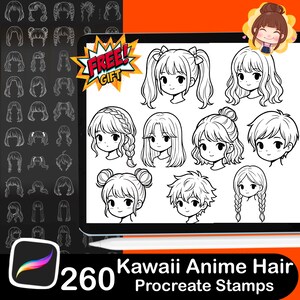 Pode incluir: Conjunto de arte digital com 260 Kawaii Anime Hair Procreate Stamps. A imagem mostra v&aacute;rios penteados, incluindo rabos de cavalo, tran&ccedil;as e coques. Um gr&aacute;fico "FREE GIFT" est&aacute; inclu&iacute;do. O logotipo do aplicativo Procreate &eacute; vis&iacute;vel.
