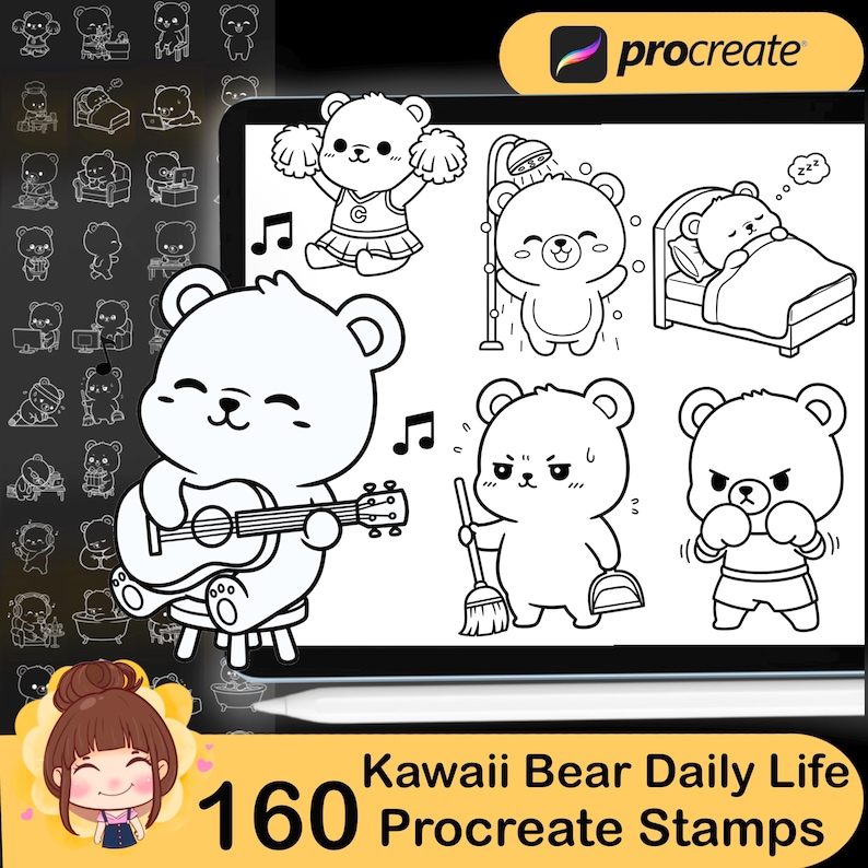 160 Kawaii Bear Daily Life Procreate Stamp Brushes | Cute Bear Planner ...