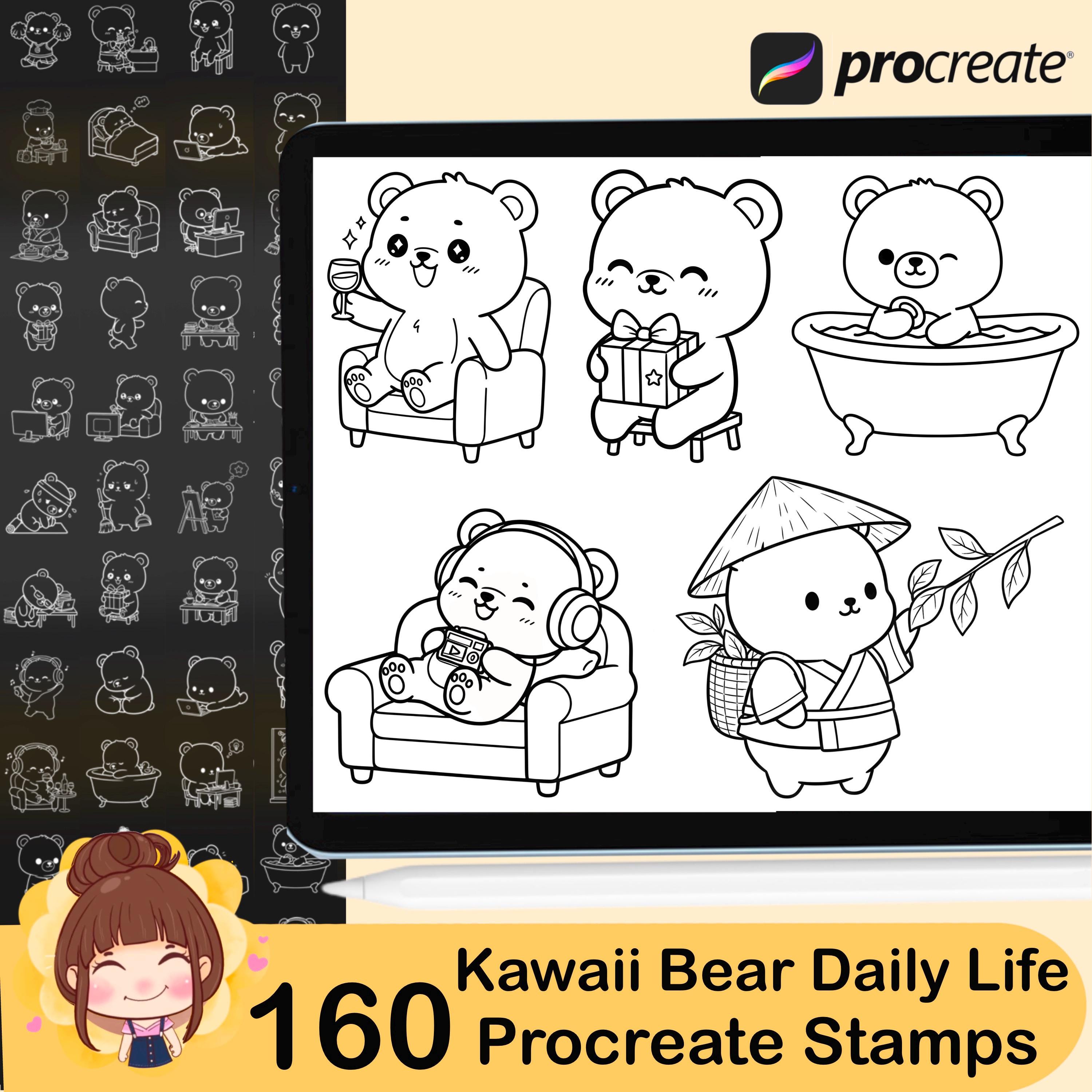 160 Kawaii Bear Daily Life Procreate Stamp Brushes | Cute Bear Planner ...