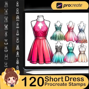 May include: 120 Procreate stamps featuring short dress designs. The stamps are in various colors and styles, including pink, blue, green, and black. The stamps are perfect for creating fashion illustrations, digital art, and more.