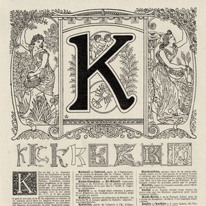 Calligraphie Lettre K  Gravure originale ancienne 1920 Scrapbooking